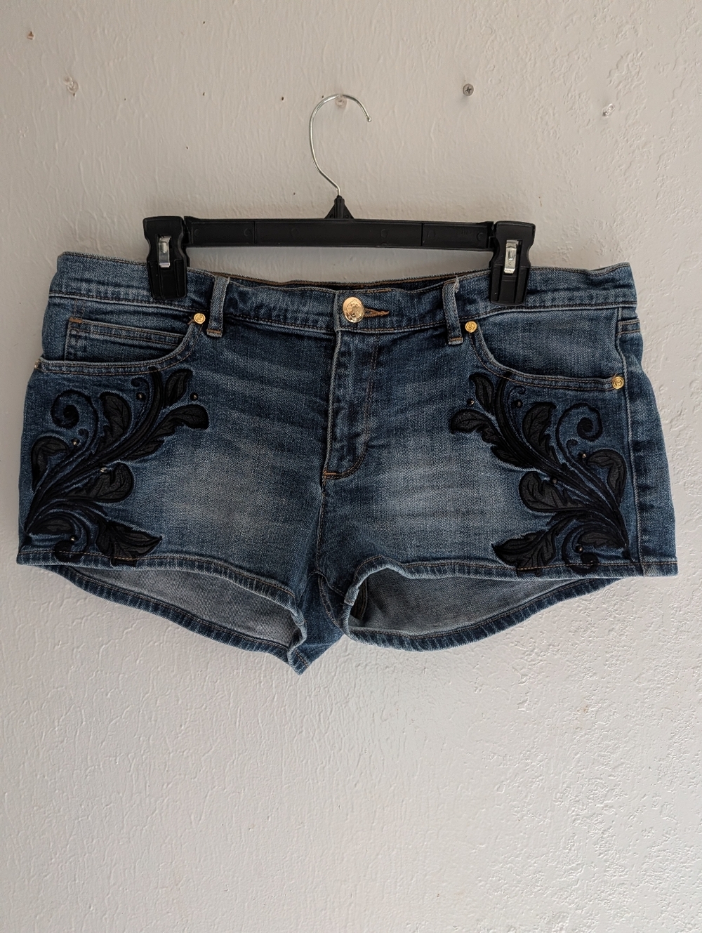 Juicy Couture Blue Denim Shorts with Black Embroidered Applique